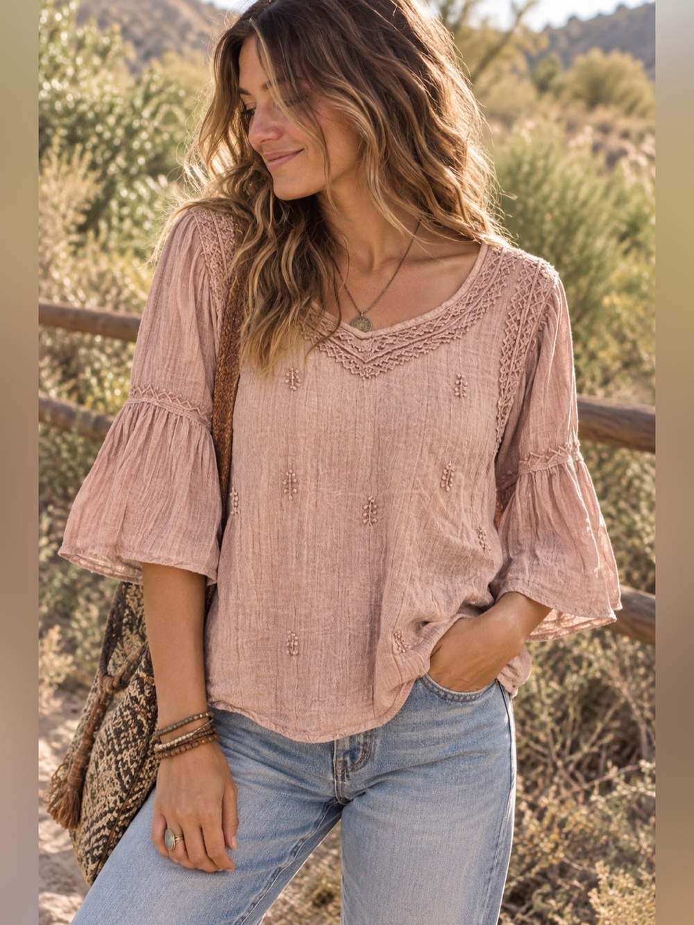 Rachel Zoe Blush Pink Embroidered Peasant Top